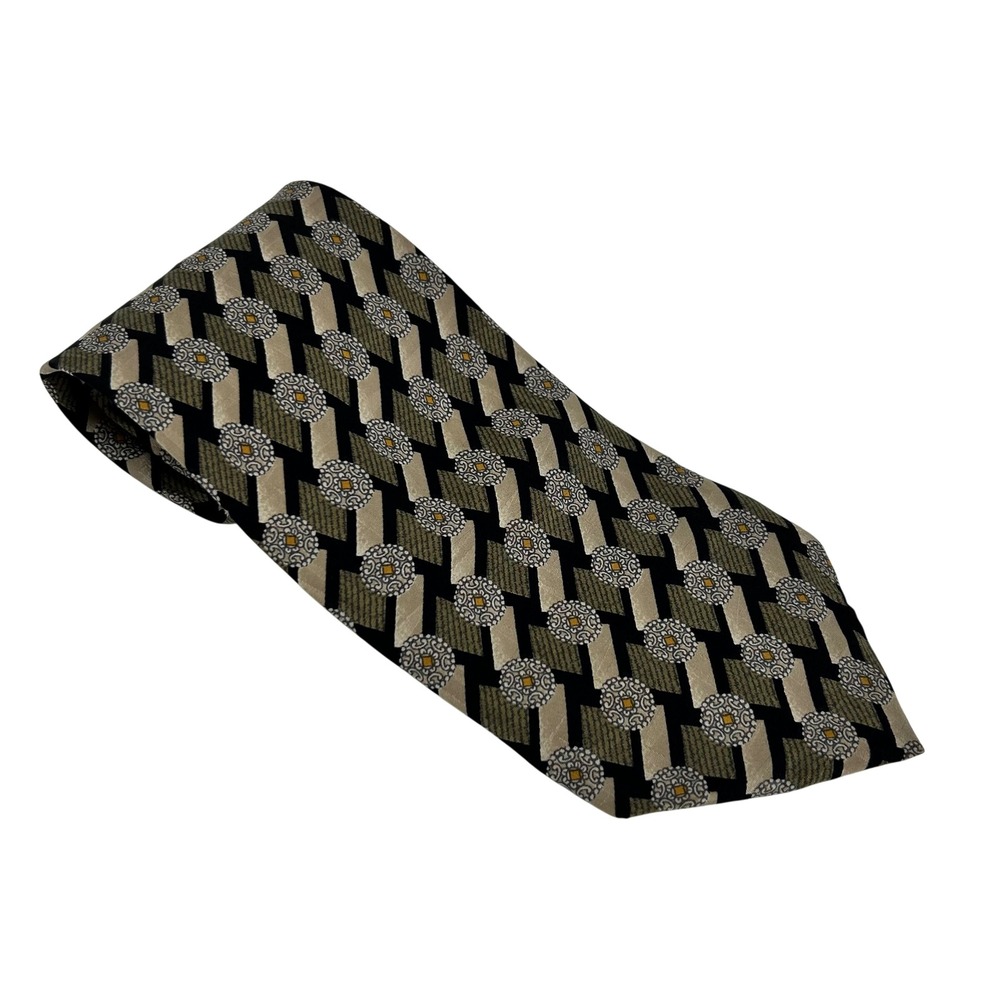 Canali Milano Mens Silk Tie Geometric Medallion Olive Green Black Made‎ in Italy
